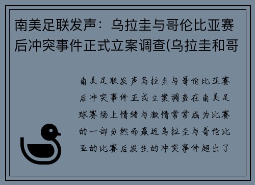 南美足联发声：乌拉圭与哥伦比亚赛后冲突事件正式立案调查(乌拉圭和哥伦比亚阵容)