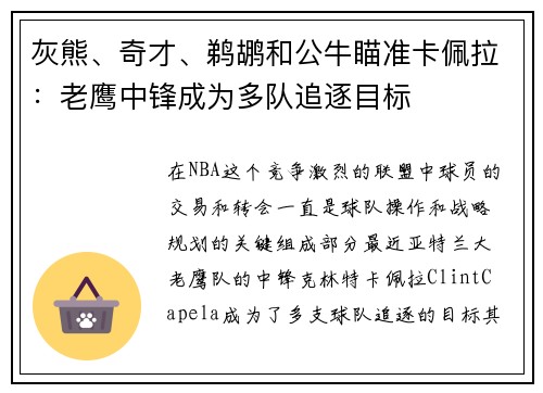 灰熊、奇才、鹈鹕和公牛瞄准卡佩拉：老鹰中锋成为多队追逐目标
