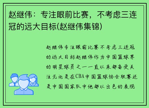 赵继伟：专注眼前比赛，不考虑三连冠的远大目标(赵继伟集锦)